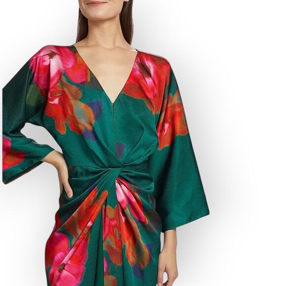 Sz 8 FIGUE Kyle Dress Floral Teal V-Neck Midi Dolman/Kimono TwistFront Satin NEW - Picture 13 of 16